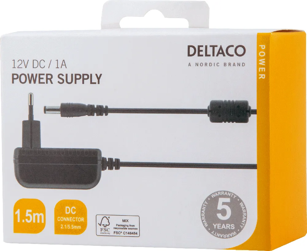 DELTACO power supply, 100-240 V to 12V 1A, black