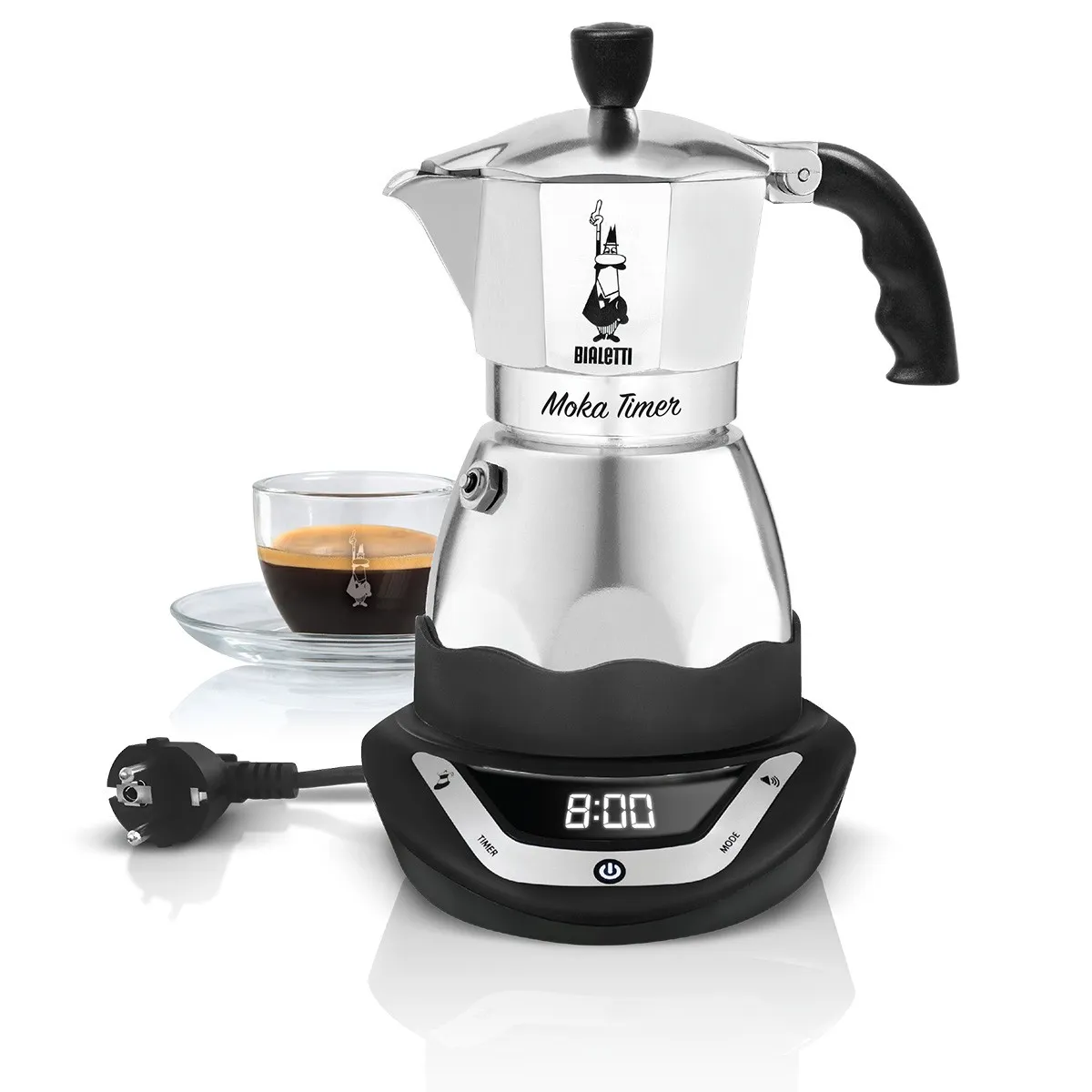 Bialetti Moka Timer mokabryggare, 3 koppar, aluminium, svart/silver