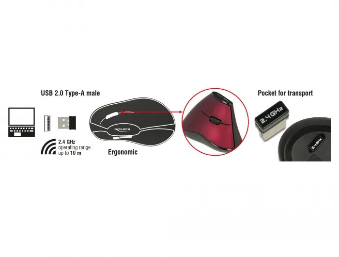 De-Lock Ergonomic - wireless vertical mouse, black/red