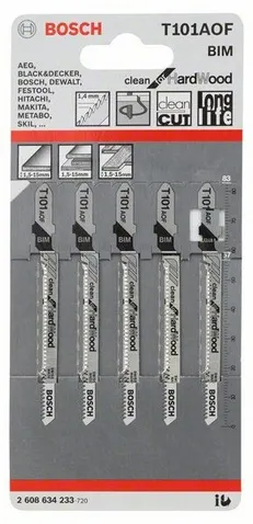 Bosch jigsaw blade T 101 AOF Clean for Hard Wood, 83mm (5 pieces)