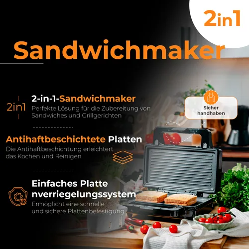 Adler AD 3073 Sandwich Toaster, 1400 W, Black/Silver