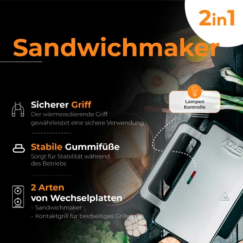 Adler AD 3073 Sandwich Toaster, 1400 W, Black/Silver