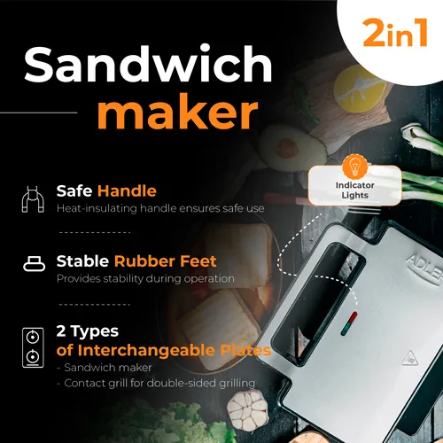 Adler AD 3073 Sandwich Toaster, 1400 W, Black/Silver