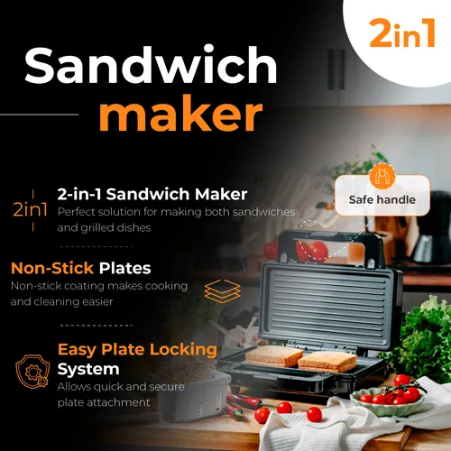 Adler AD 3073 Sandwich Toaster, 1400 W, Black/Silver