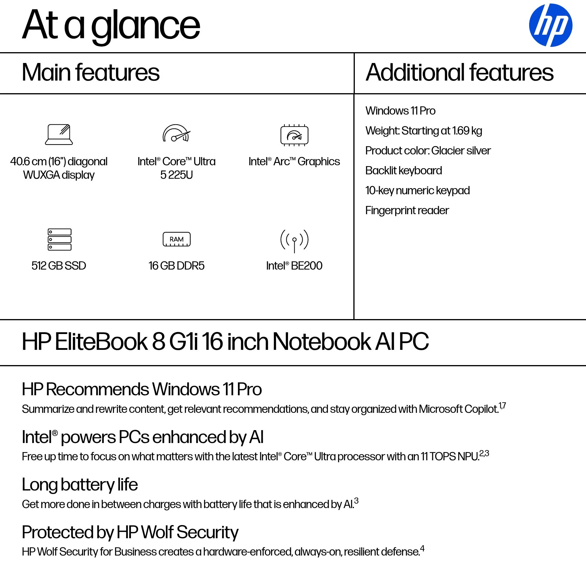 HP EliteBook 8 G1i 16.0" Ultra 5 225U, 16 GB, 512 GB, Arc Graphics, Win 11 Pro - b&auml;rbar dator, silver