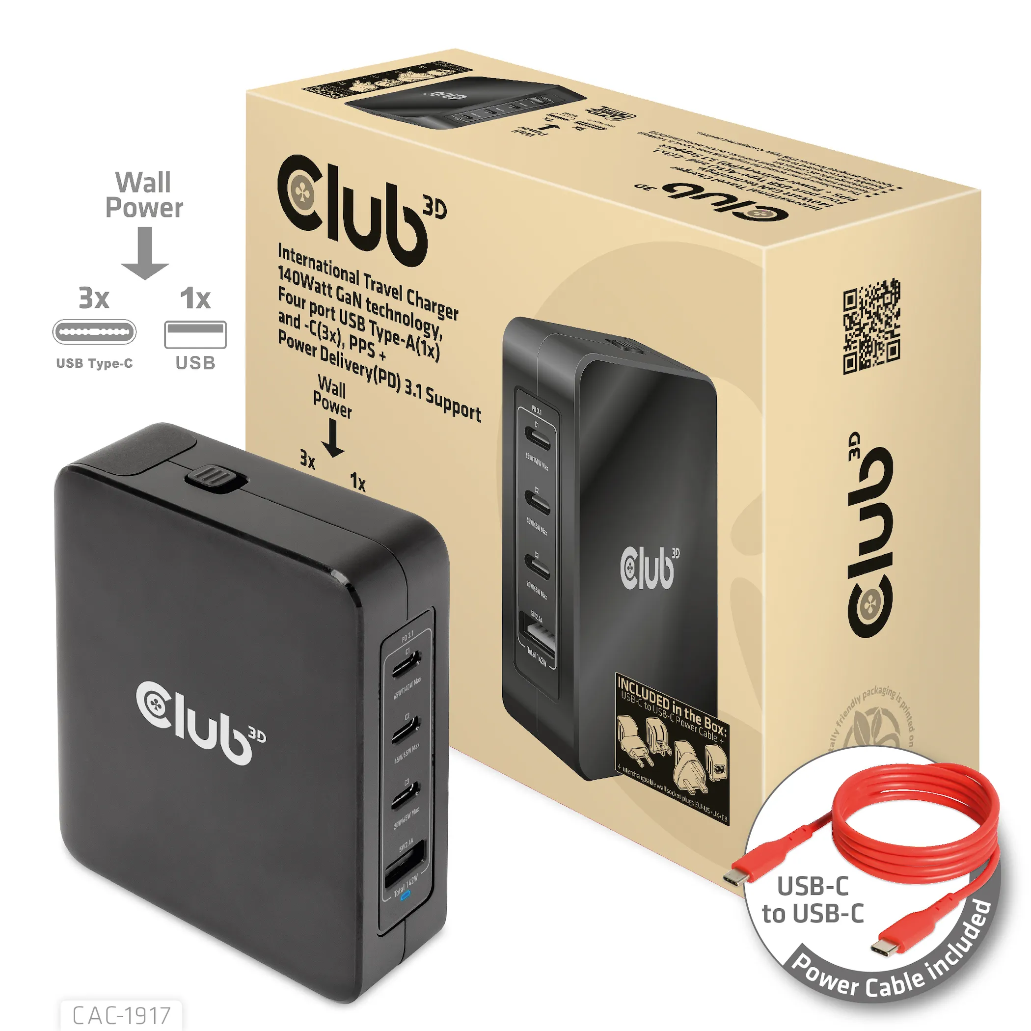 CLUB 3D CAC-1917 - 142 watin GaN-laturi, Musta