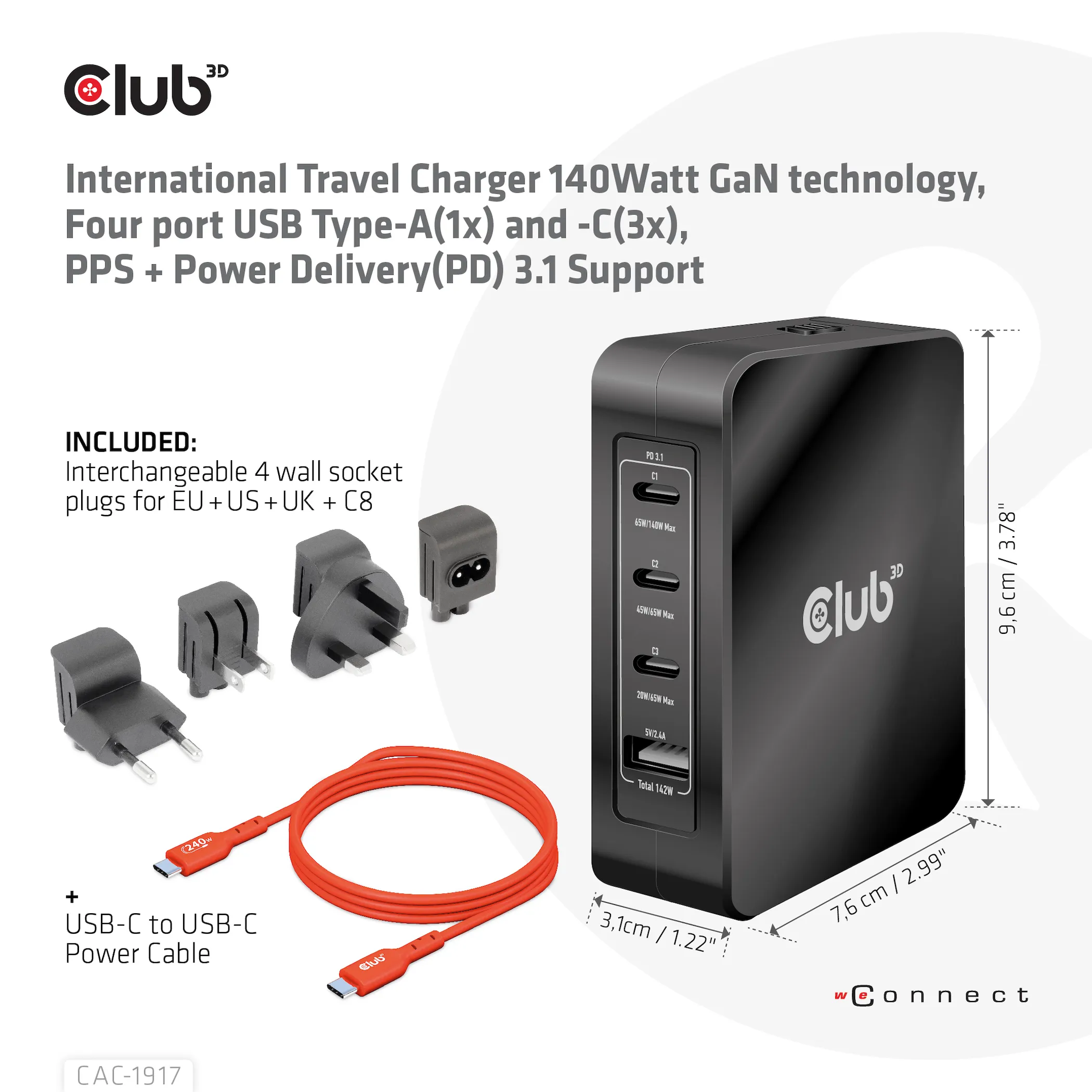 CLUB 3D CAC-1917 - 142 watin GaN-laturi, Musta