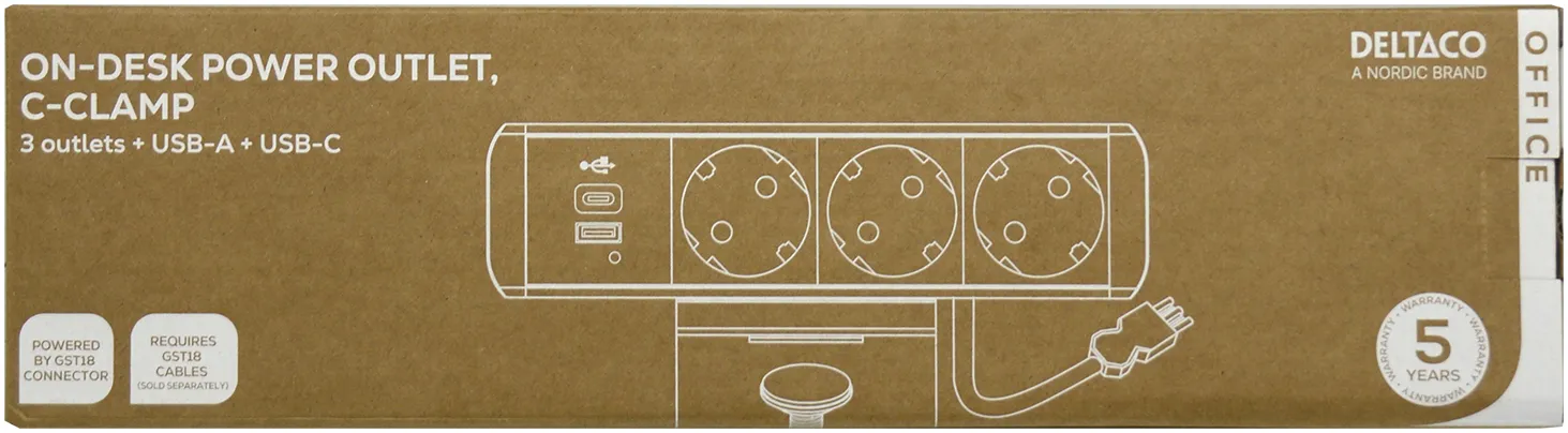 Deltaco On-desk Outlet, 3 outlets, 1x21W A+C USB, GST18 cable