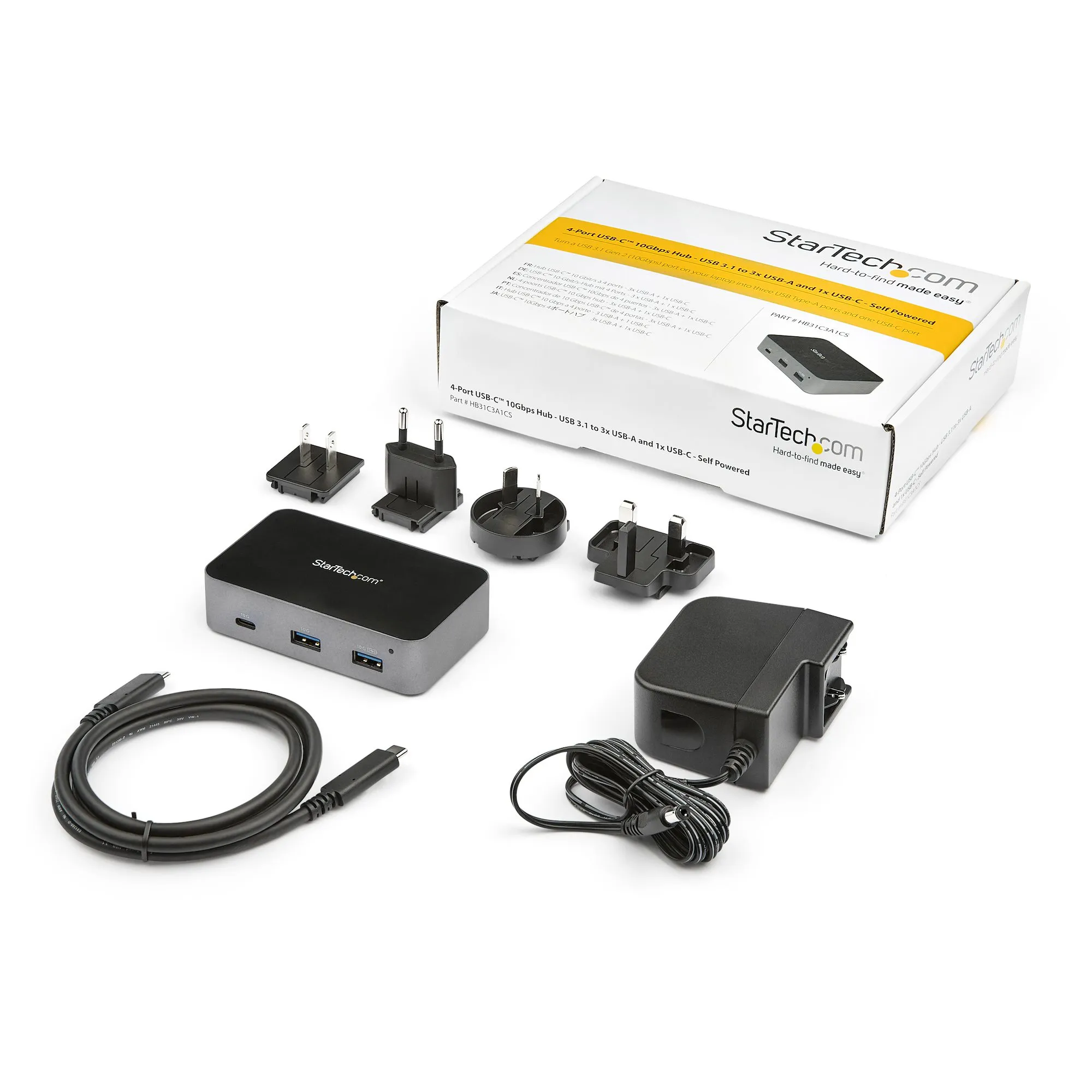 STARTECH.COM 4-Port USB-C Hub USB 3.1 Gen2 10Gbps 3x USB-A and 1x USB-C Powered Universal Power Adapter Included HB31C3A1CS