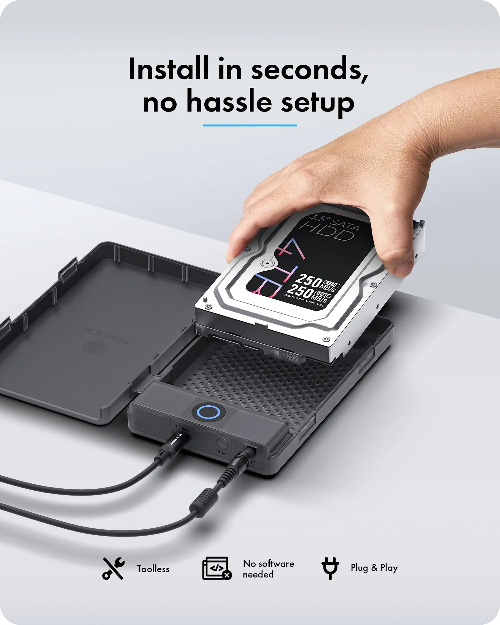ICYBOX IB-388-CU3 2,5" / 3,5" HDD/SSD-extern kapsling, 1-facks, USB 3.2 Gen 1, USB-C, UASP-st&ouml;d, svart/transparent