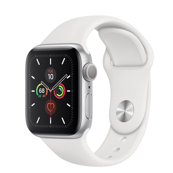 Apple Watch Series 5 GPS, 40mm Hopeanv&auml;rinen alumiinikuori ja valkoinen urheiluranneke