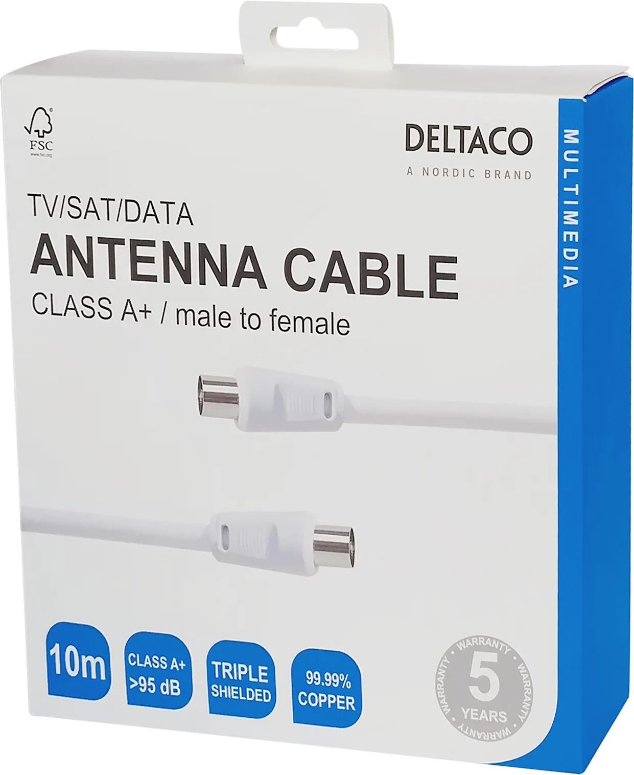 DELTACO Class A+ IEC 169-2 hane-hona 10 meter - Antennkabel, vit