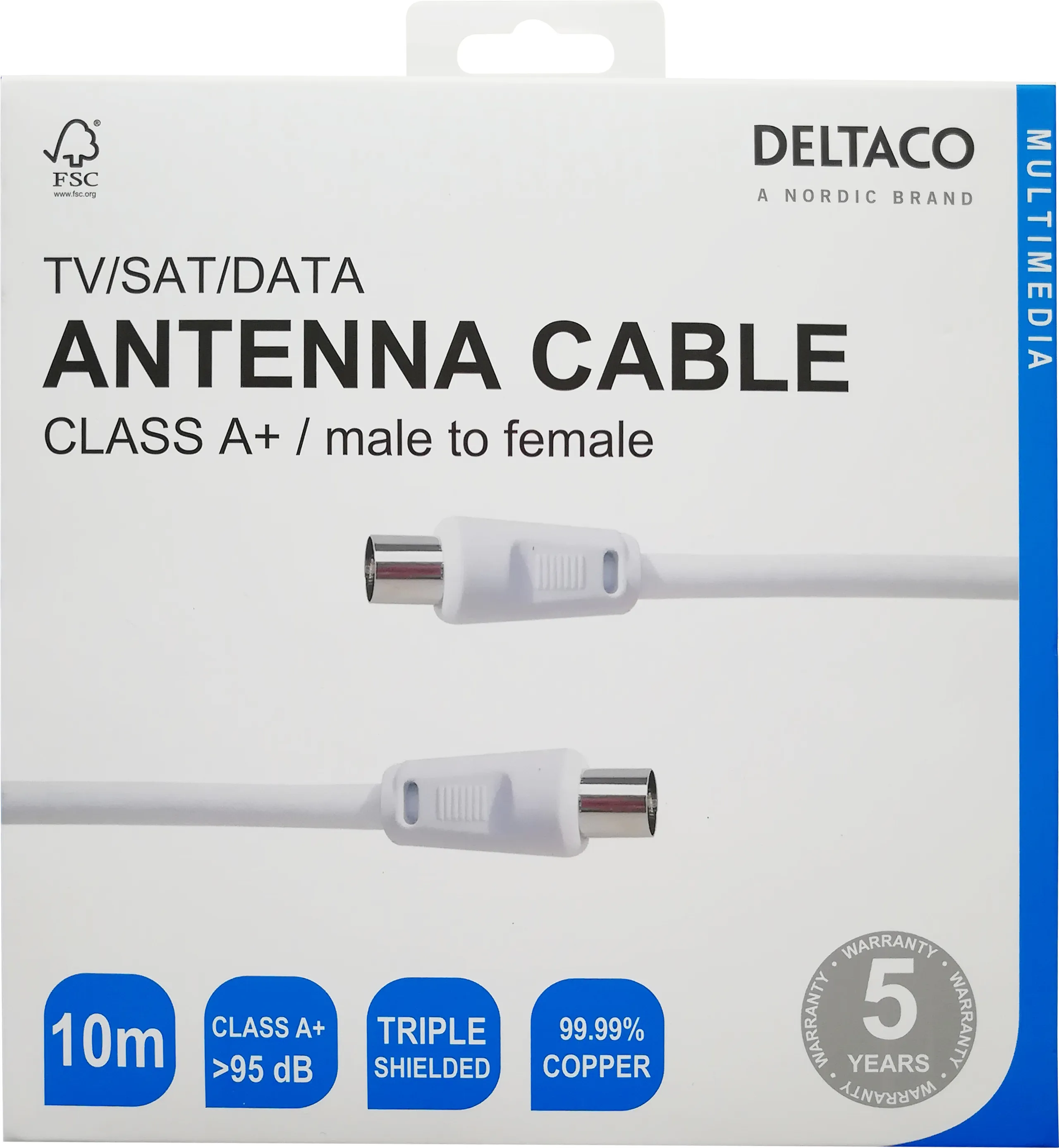 DELTACO Class A+ IEC 169-2 hane-hona 10 meter - Antennkabel, vit