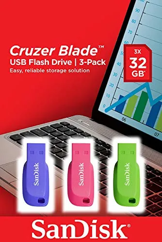 SanDisk 32GB Cruzer Blade USB 2.0 - memory stick, Blue, Green, Pink