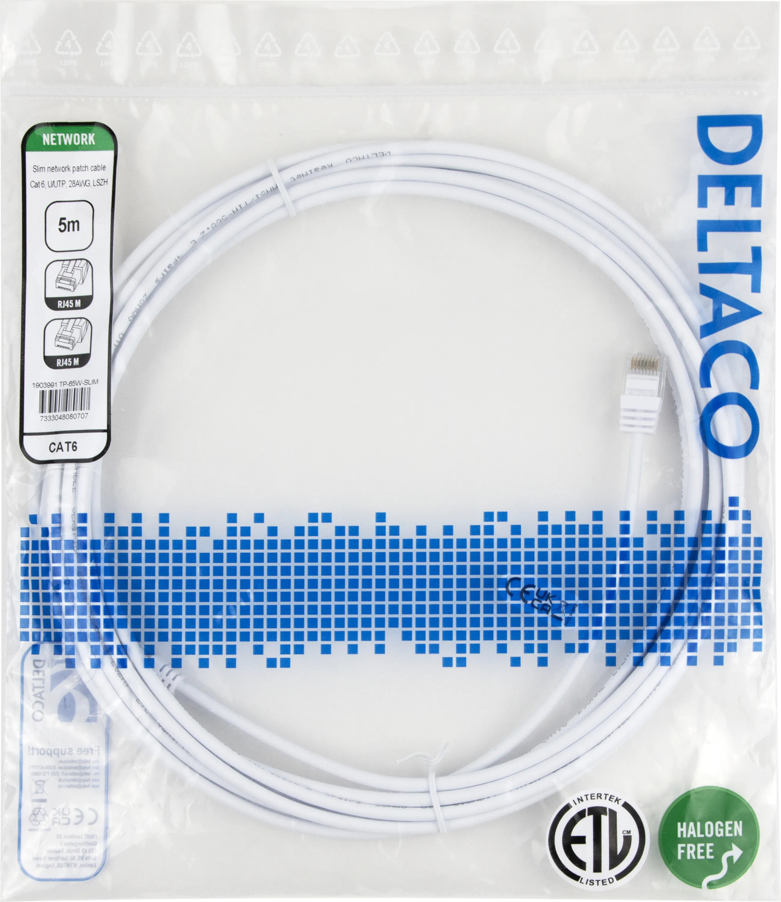 Deltaco Cat6 U/UTP RJ45 5m -verkkokaapeli, valkoinen