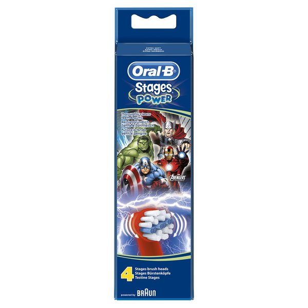 BRAUN VAIHTOHARJA ORAL-B KIDS 4ct AVENGERS, paketissa 4 vaihtoharjaa. Stages Power