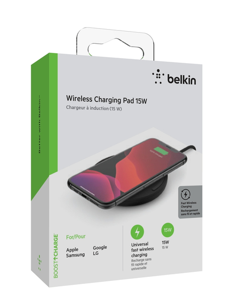 15W Wireless Charging Pad with PSU &amp; USB-C Cable, Black