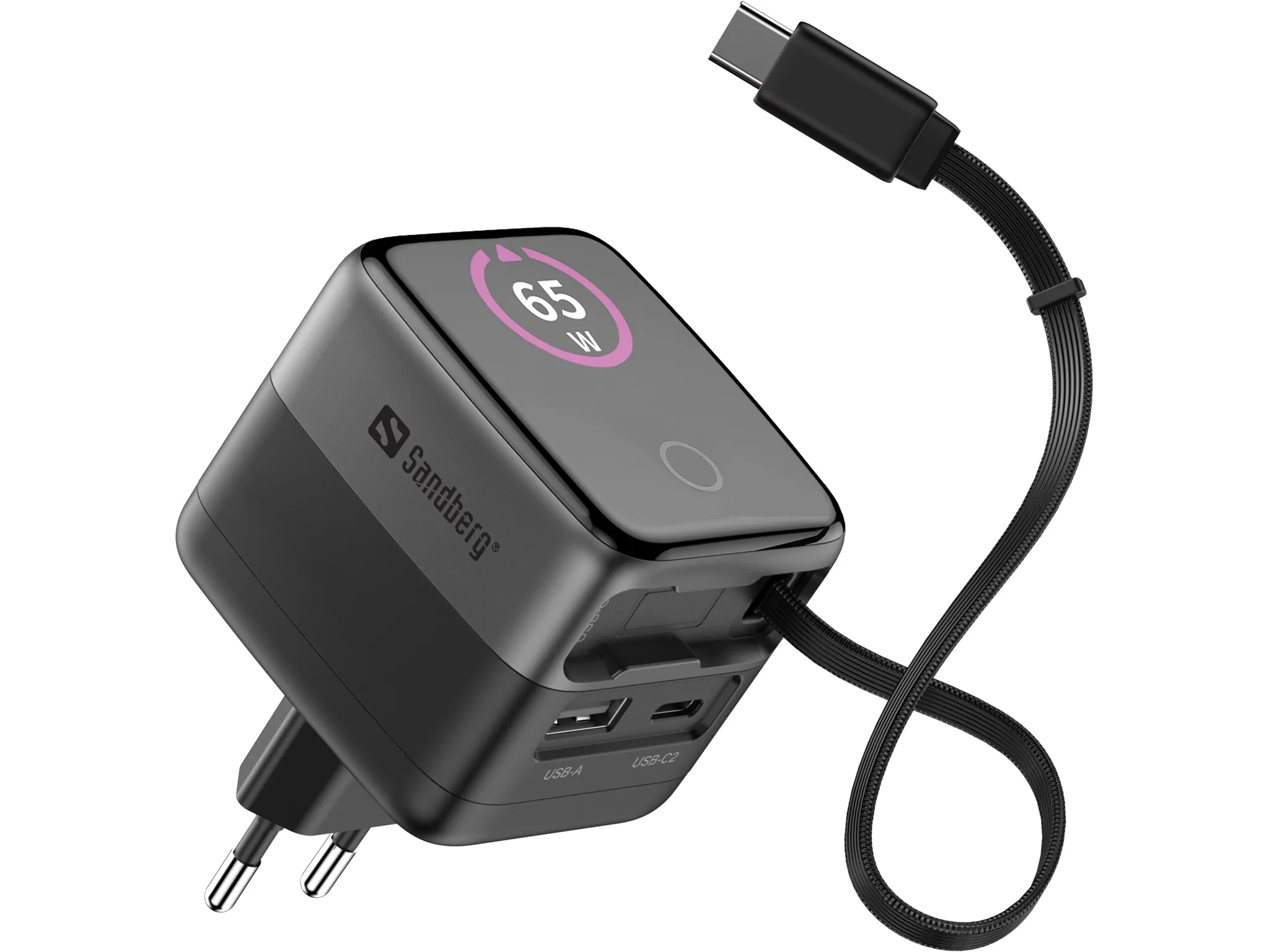 SANDBERG Travel Charger PD65W Display + Cable - Matkalaturi, Harmaa