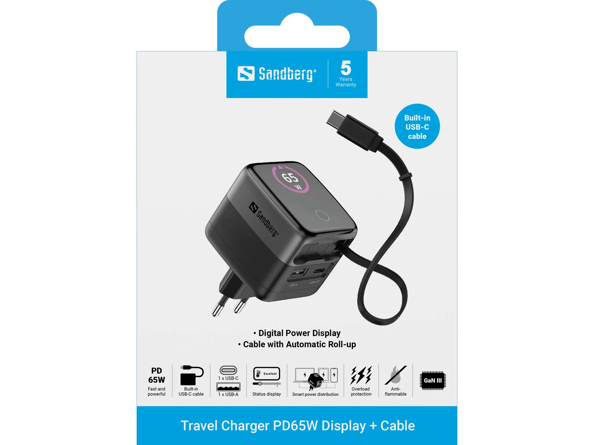 SANDBERG Travel Charger PD65W Display + Cable - Matkalaturi, Harmaa