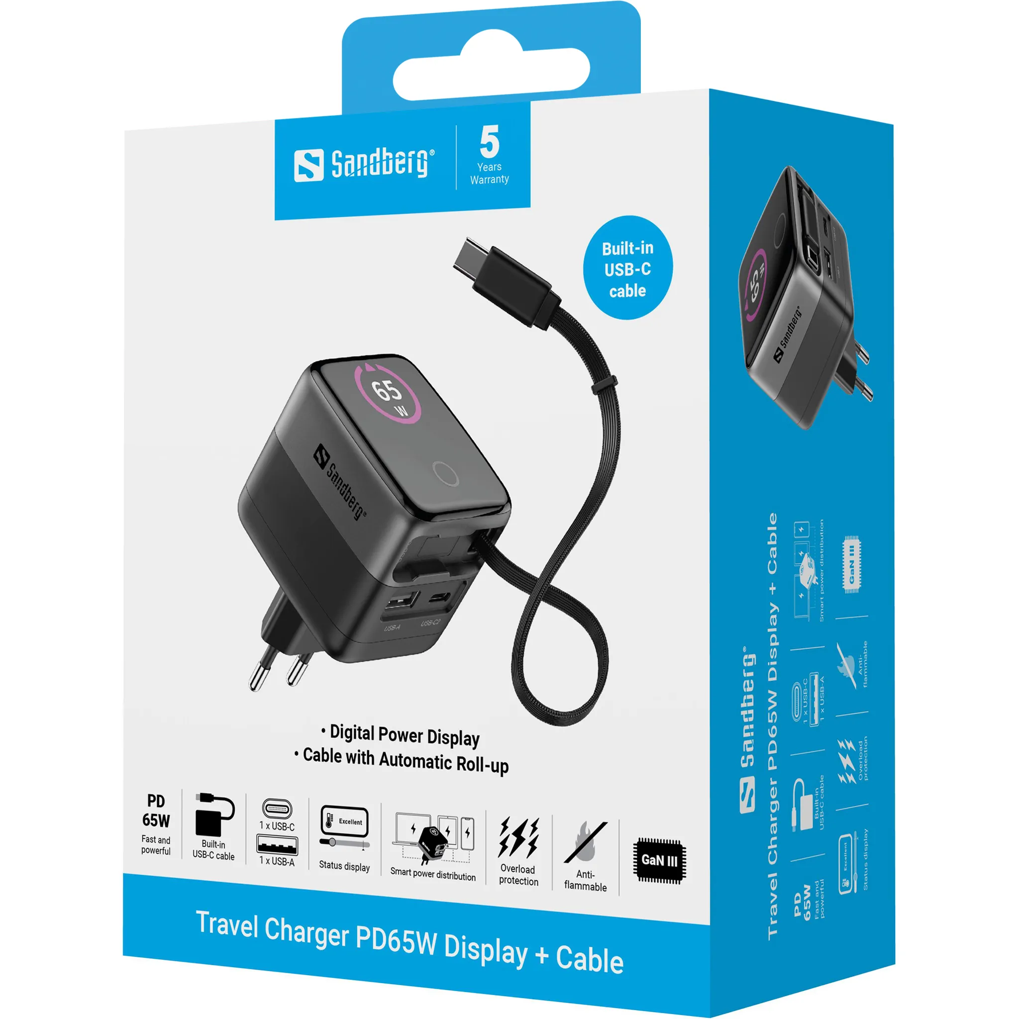 SANDBERG Travel Charger PD65W Display + Cable - Matkalaturi, Harmaa