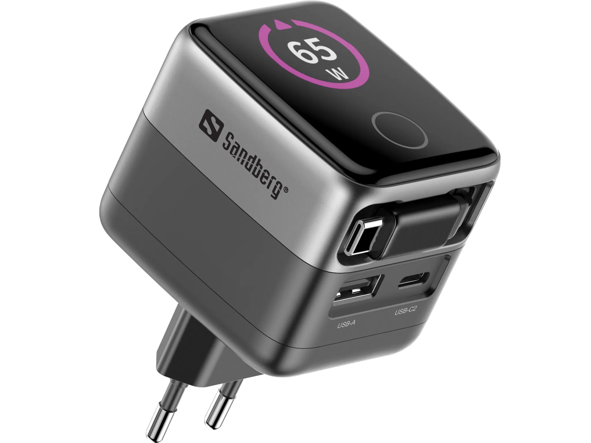 SANDBERG Travel Charger PD65W Display + Cable - Matkalaturi, Harmaa