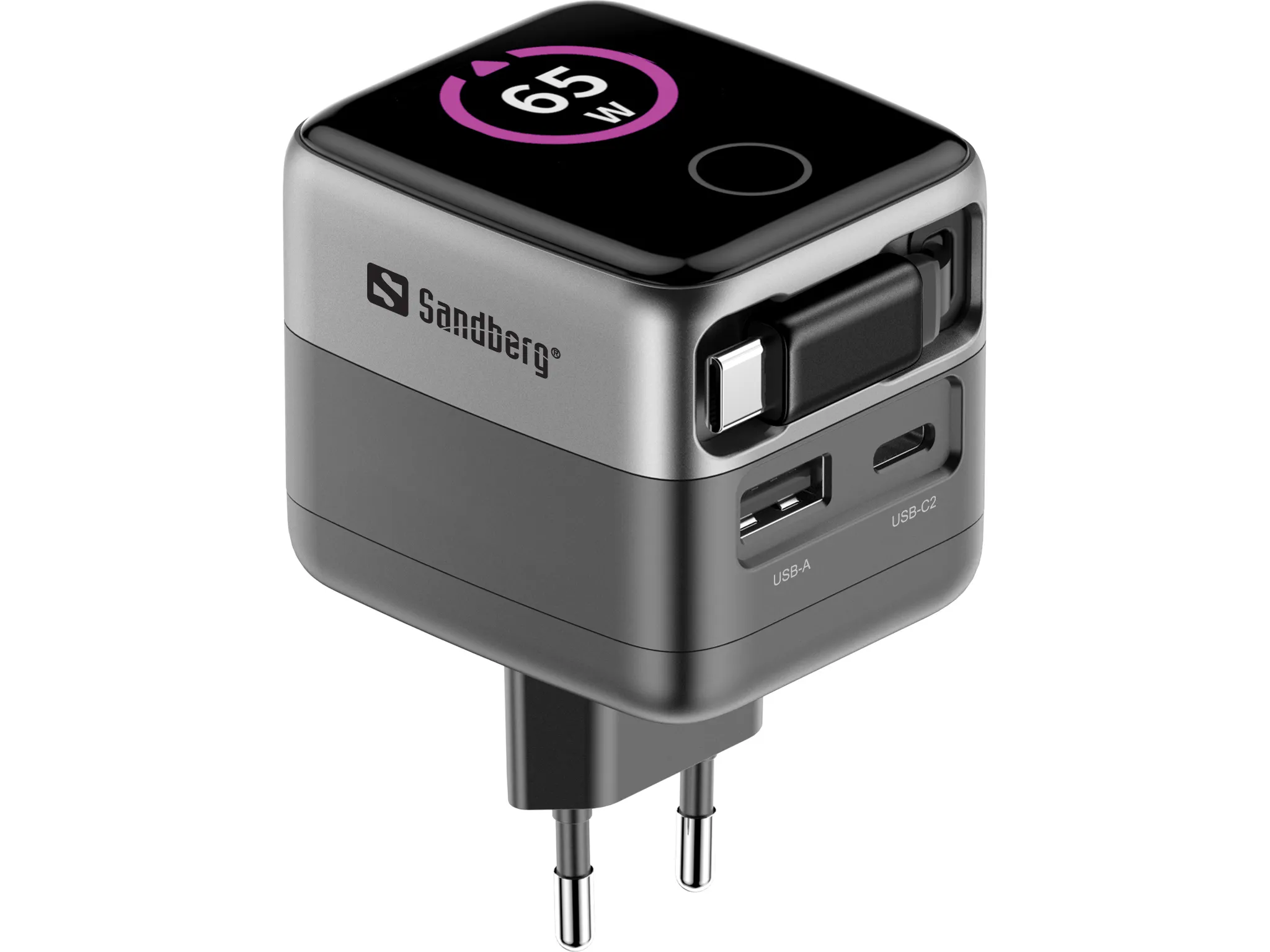 SANDBERG Travel Charger PD65W Display + Cable - Matkalaturi, Harmaa