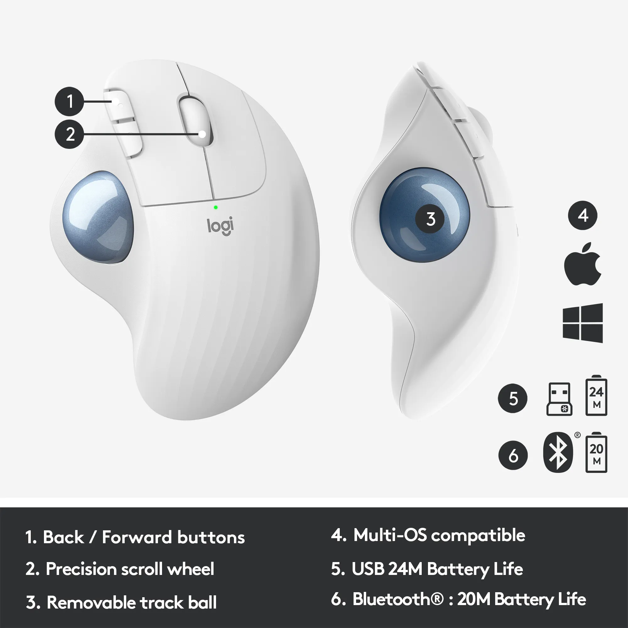 Logitech ERGO M575 -langaton ergonominen trackball-hiiri, valkoinen