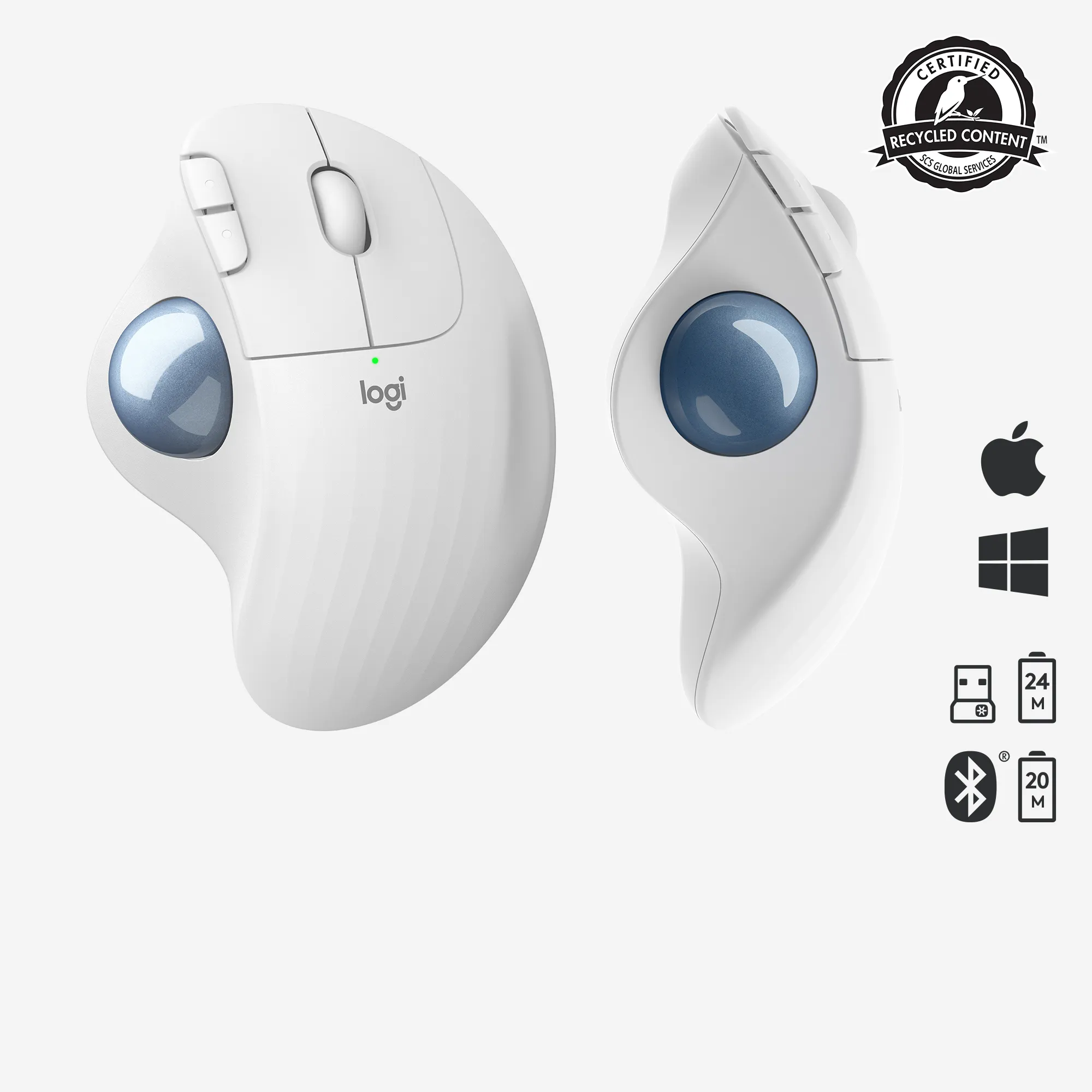 Logitech ERGO M575 -langaton ergonominen trackball-hiiri, valkoinen
