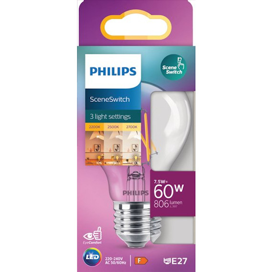 Philips SceneSwitch LED-lamppu A60 E27 7,5 W (60 W) 806 lm L&auml;mmin valkoinen 2200&ndash;2700 K Kirkas