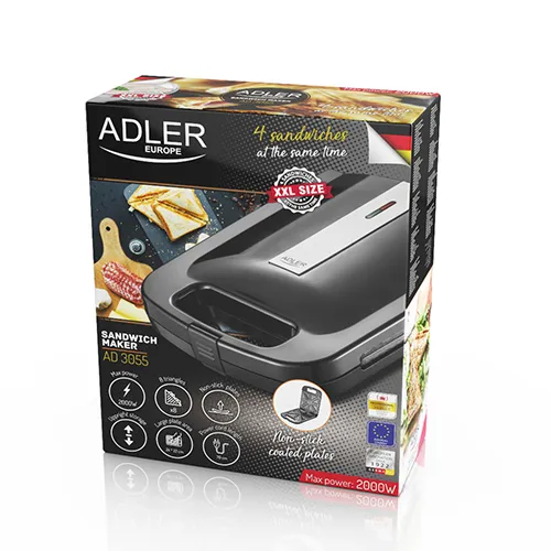 Adler AD 3055 Sandwich Maker for 4 Sandwiches, 2000 W, Black