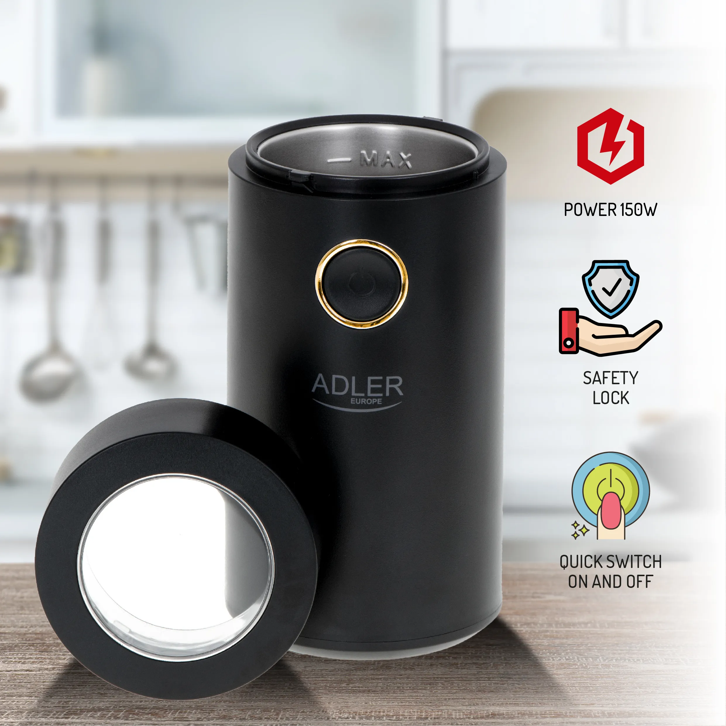 Adler AD 4446bg Coffee Grinder 75g, Black/Gold