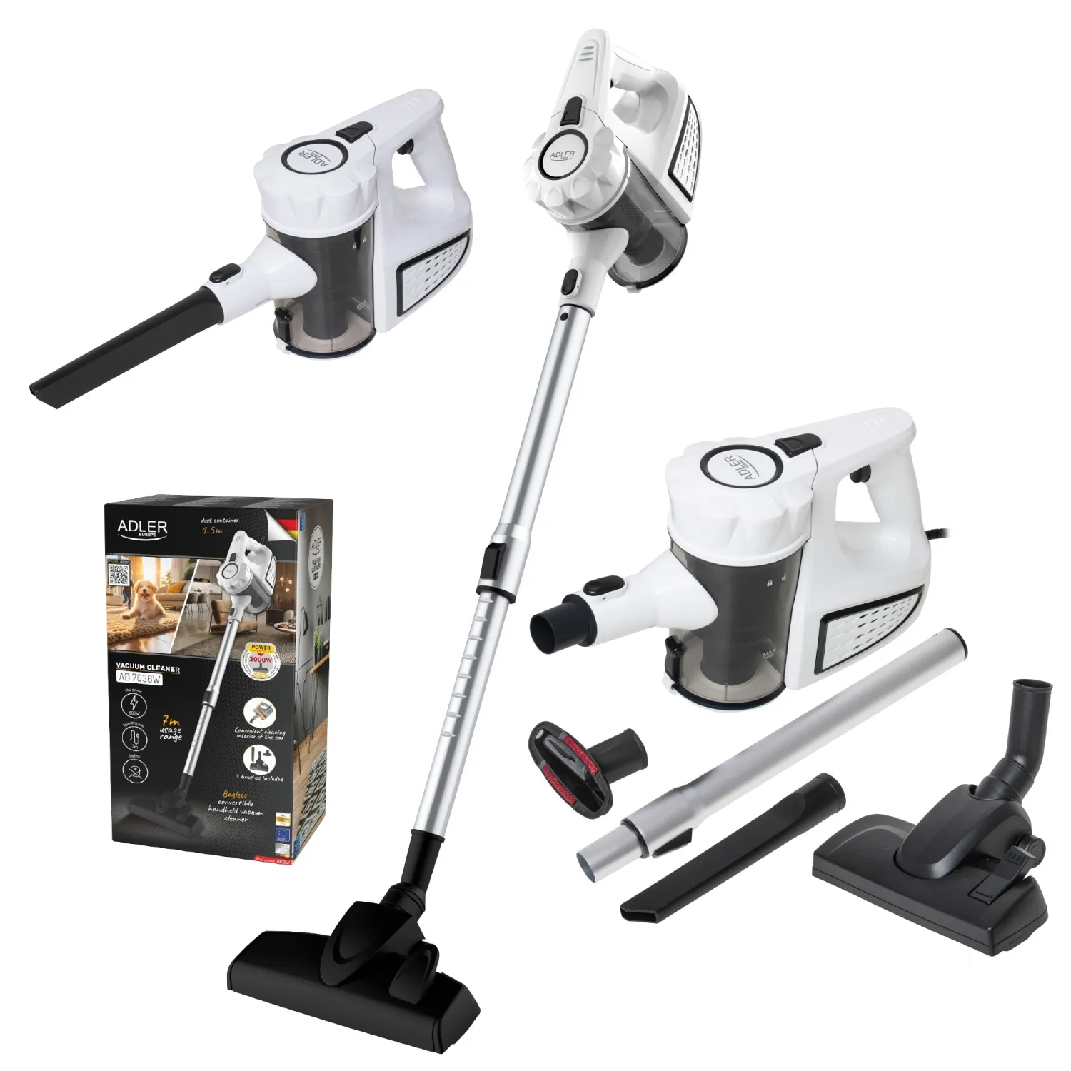 Adler AD 7036W - handdammsugare 1.5 L 800 W p&aring;sl&ouml;s, vit