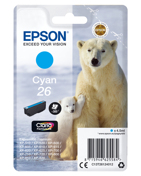 Epson 26 - 4.5 ml - sinivihre&auml; - alkuper&auml;inen - blister RF:ll&auml;/&auml;&auml;nih&auml;lyttimell&auml; - mustepatruuna malleihin Expression Premium XP-510, 520, 600, 605, 610, 615, 62