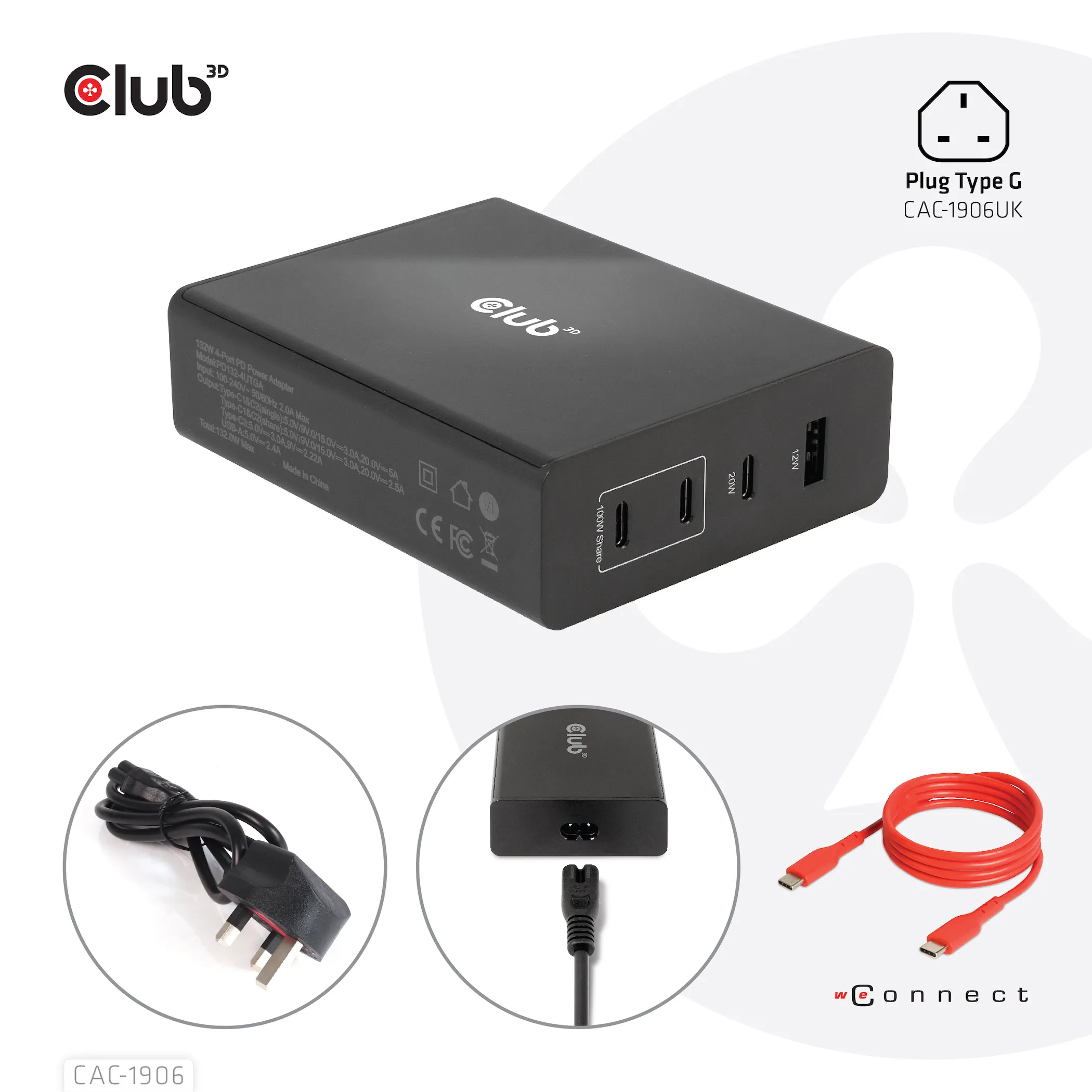 Club 3D 132W GaN, 3x USB-C + USB-A, PD3.0 - charger, Black