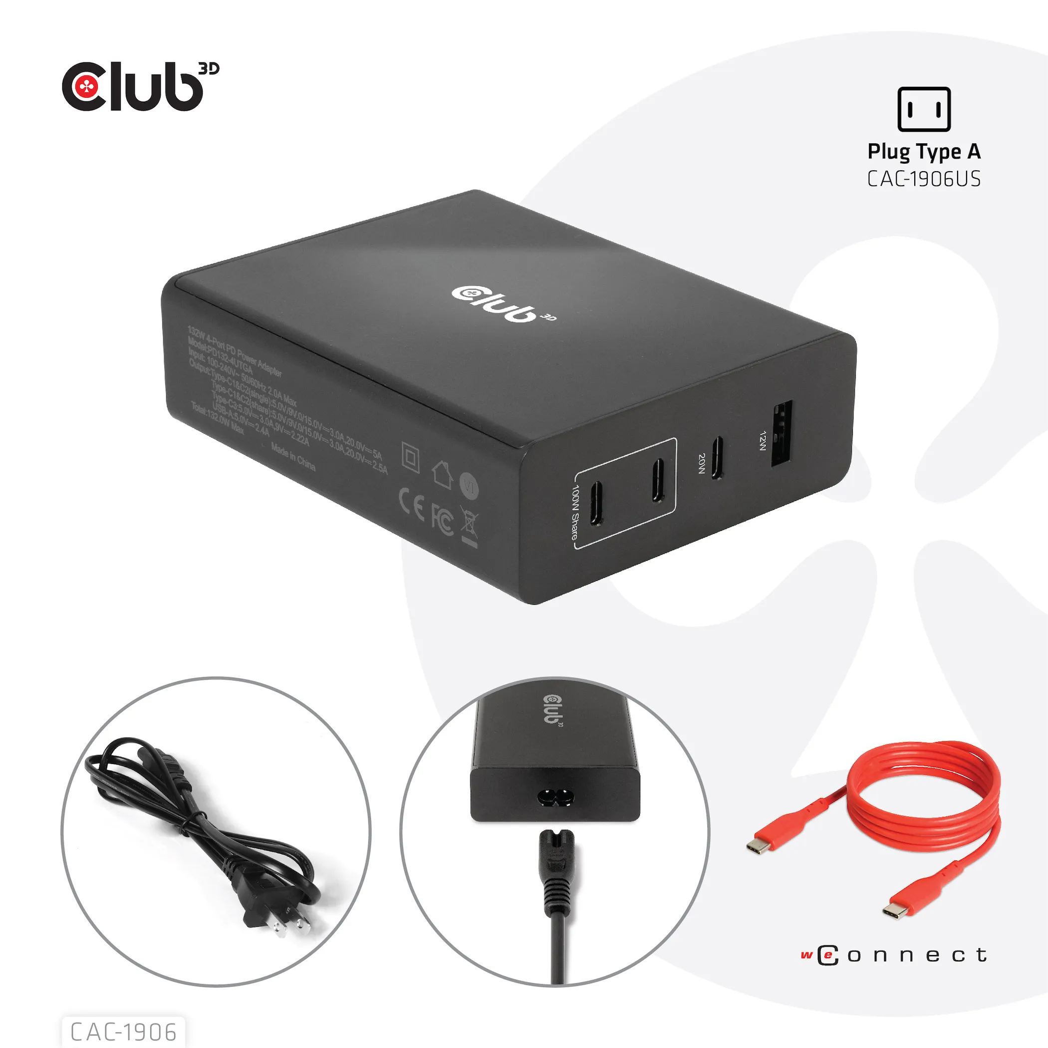 Club 3D 132W GaN, 3x USB-C + USB-A, PD3.0 -laturi, Musta