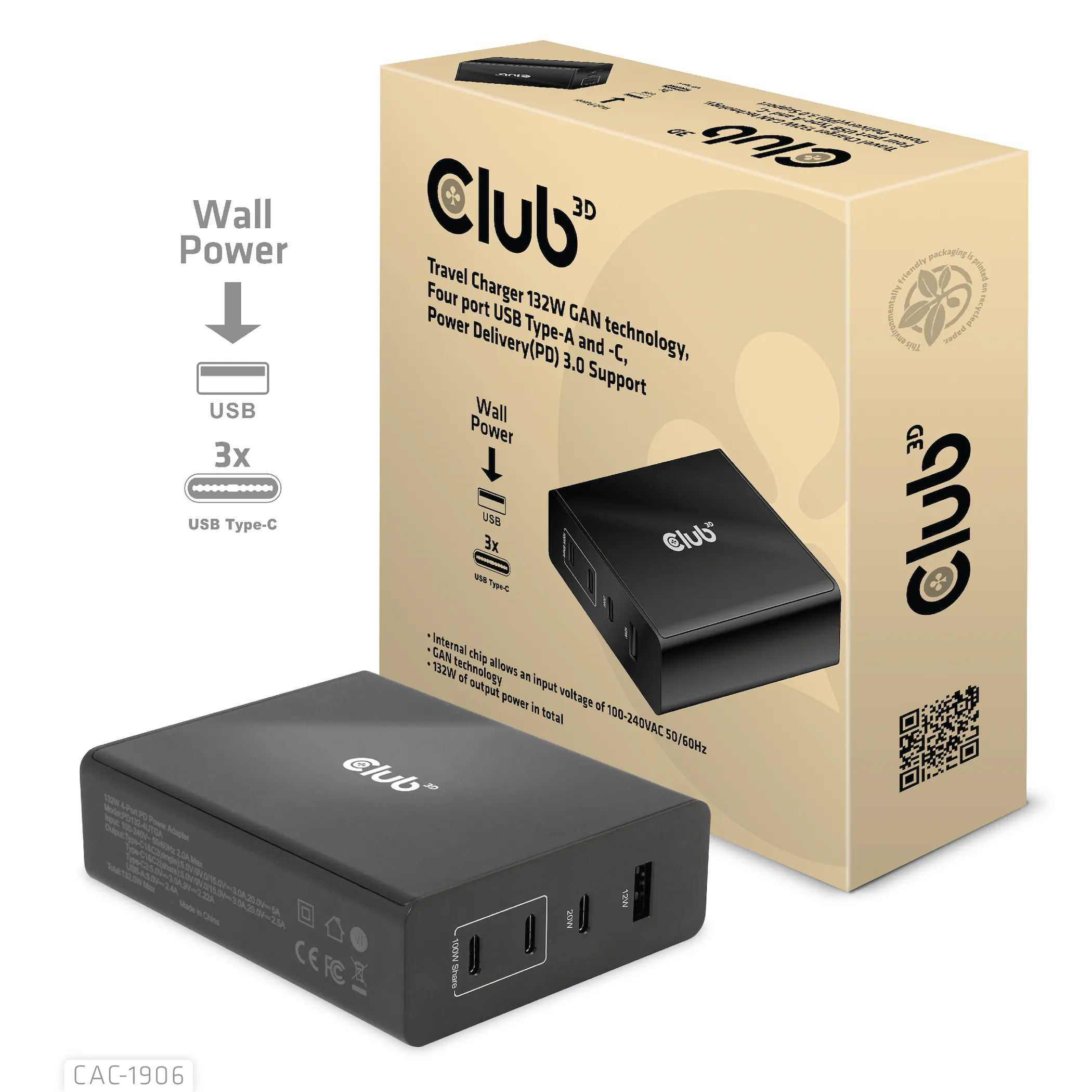 Club 3D 132W GaN, 3x USB-C + USB-A, PD3.0 -laturi, Musta