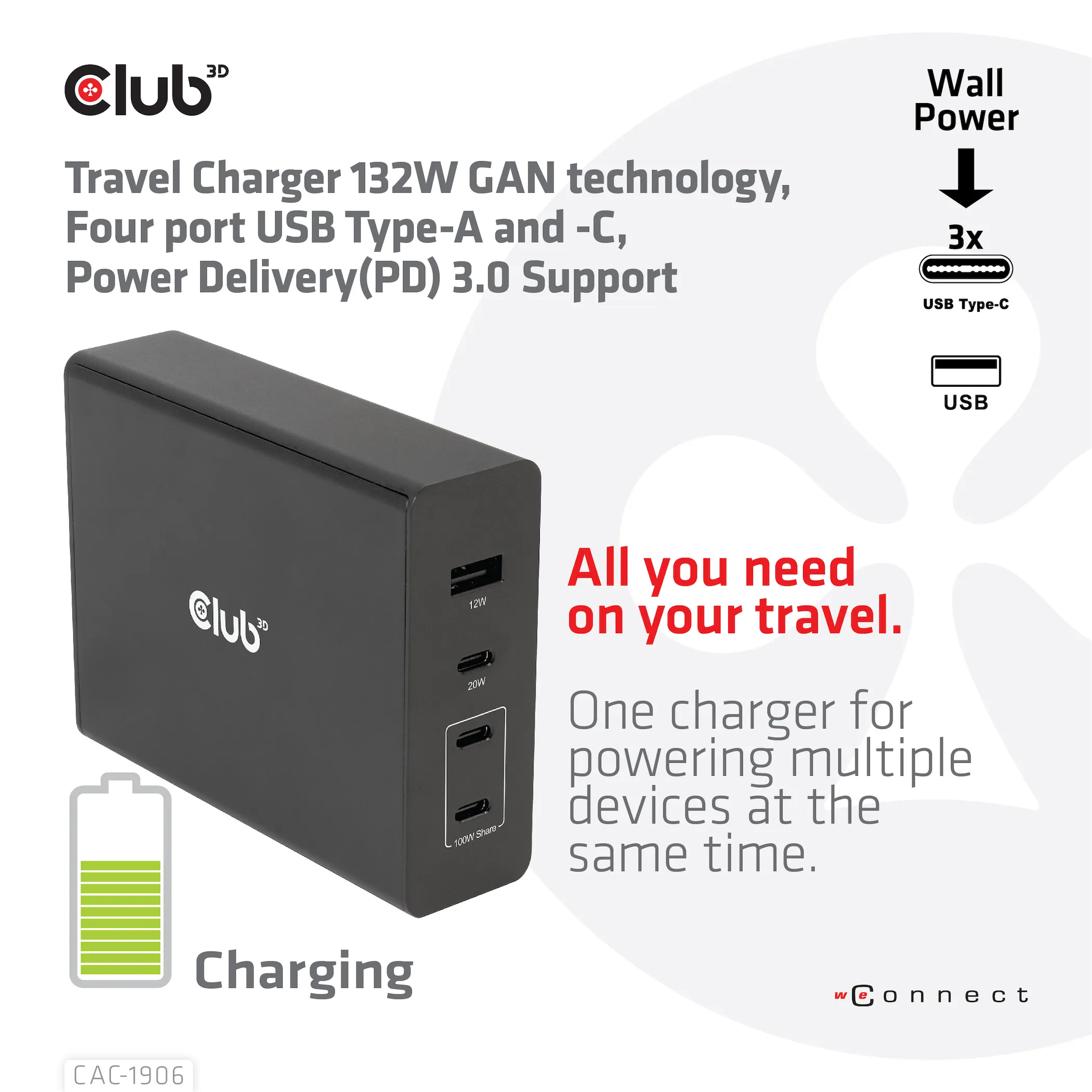 Club 3D 132W GaN, 3x USB-C + USB-A, PD3.0 -laturi, Musta