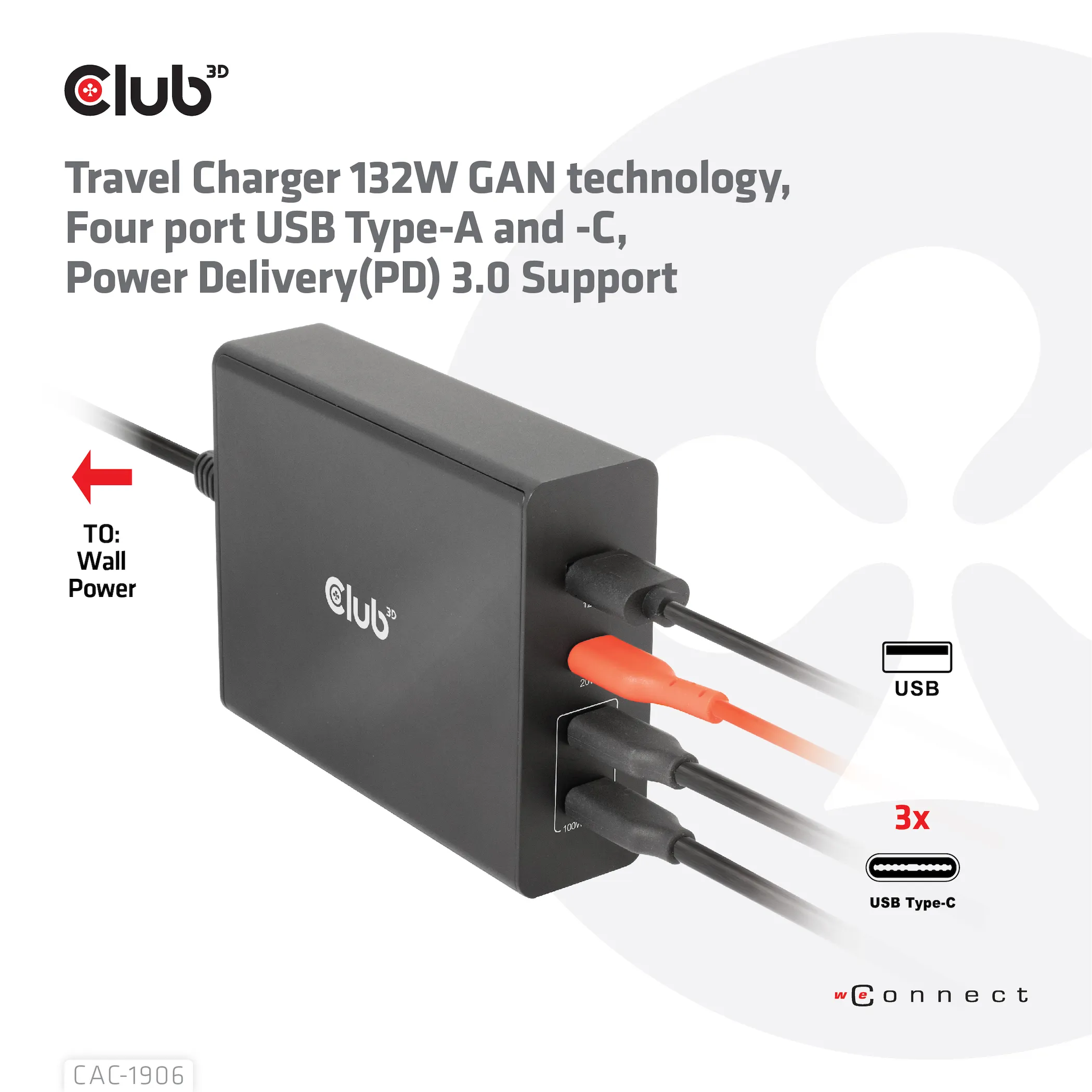 Club 3D 132W GaN, 3x USB-C + USB-A, PD3.0 -laturi, Musta