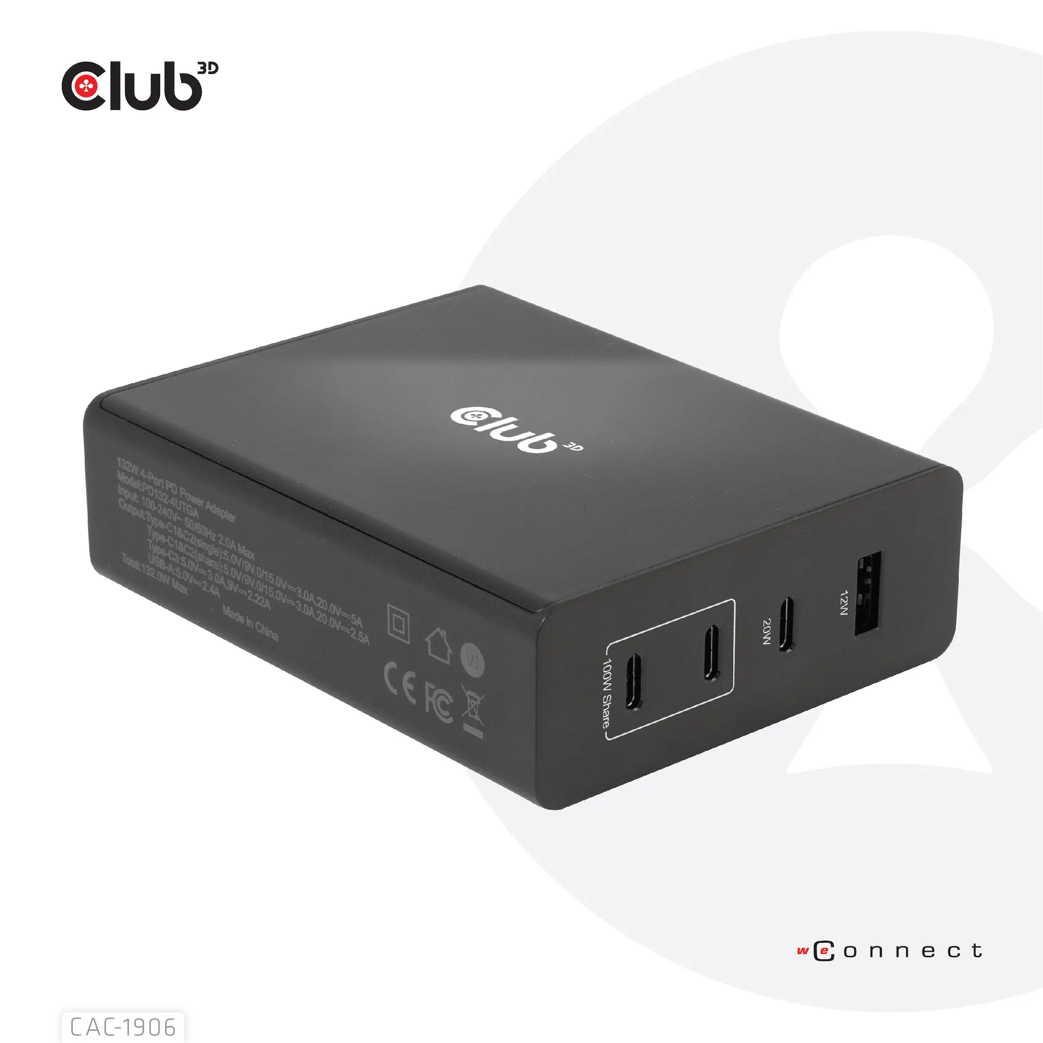 Club 3D 132W GaN, 3x USB-C + USB-A, PD3.0 - charger, Black