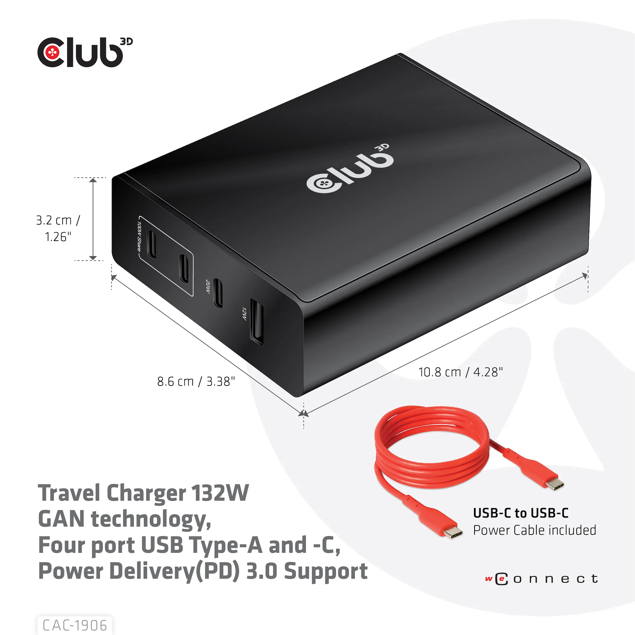 Club 3D 132W GaN, 3x USB-C + USB-A, PD3.0 - charger, Black