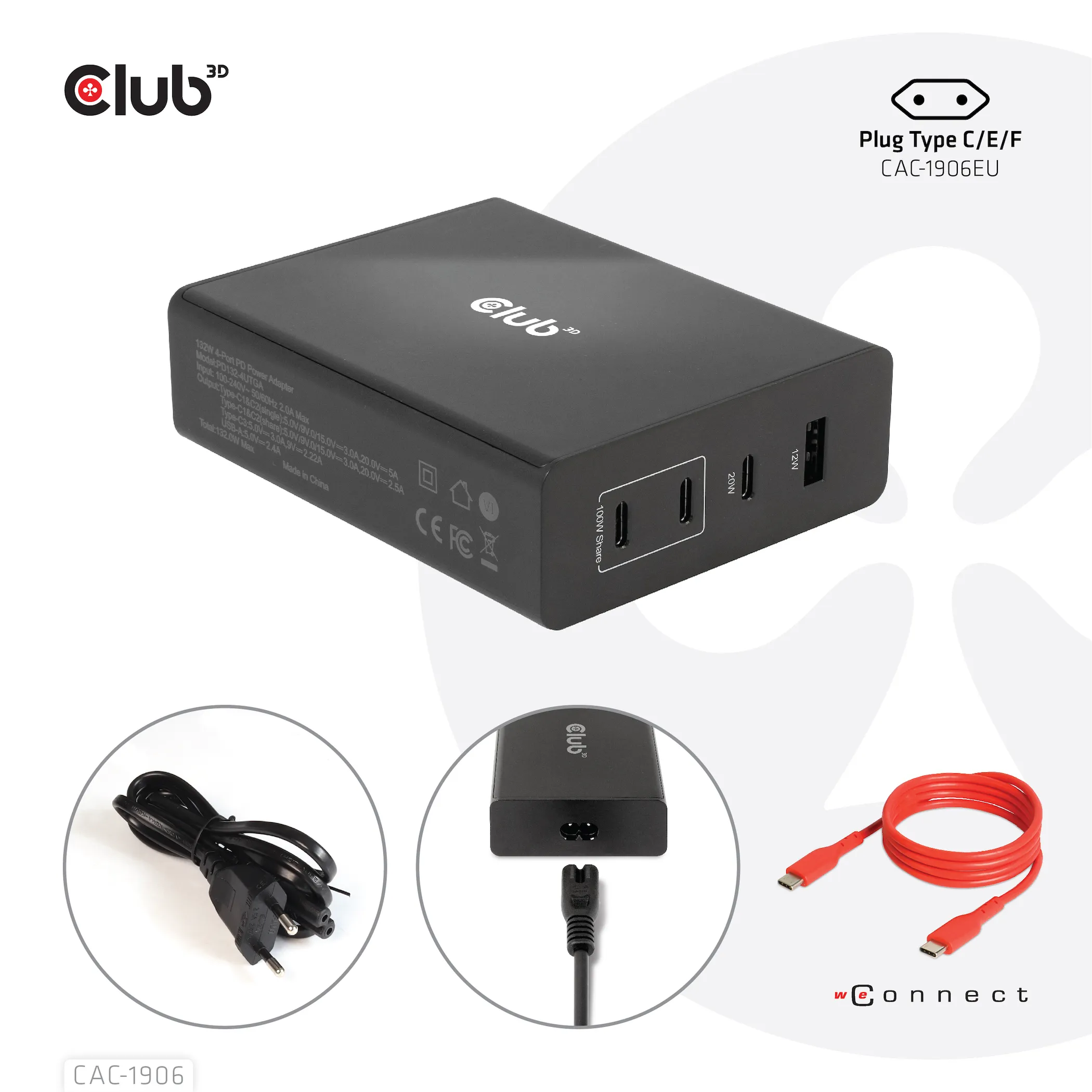Club 3D 132W GaN, 3x USB-C + USB-A, PD3.0 - charger, Black