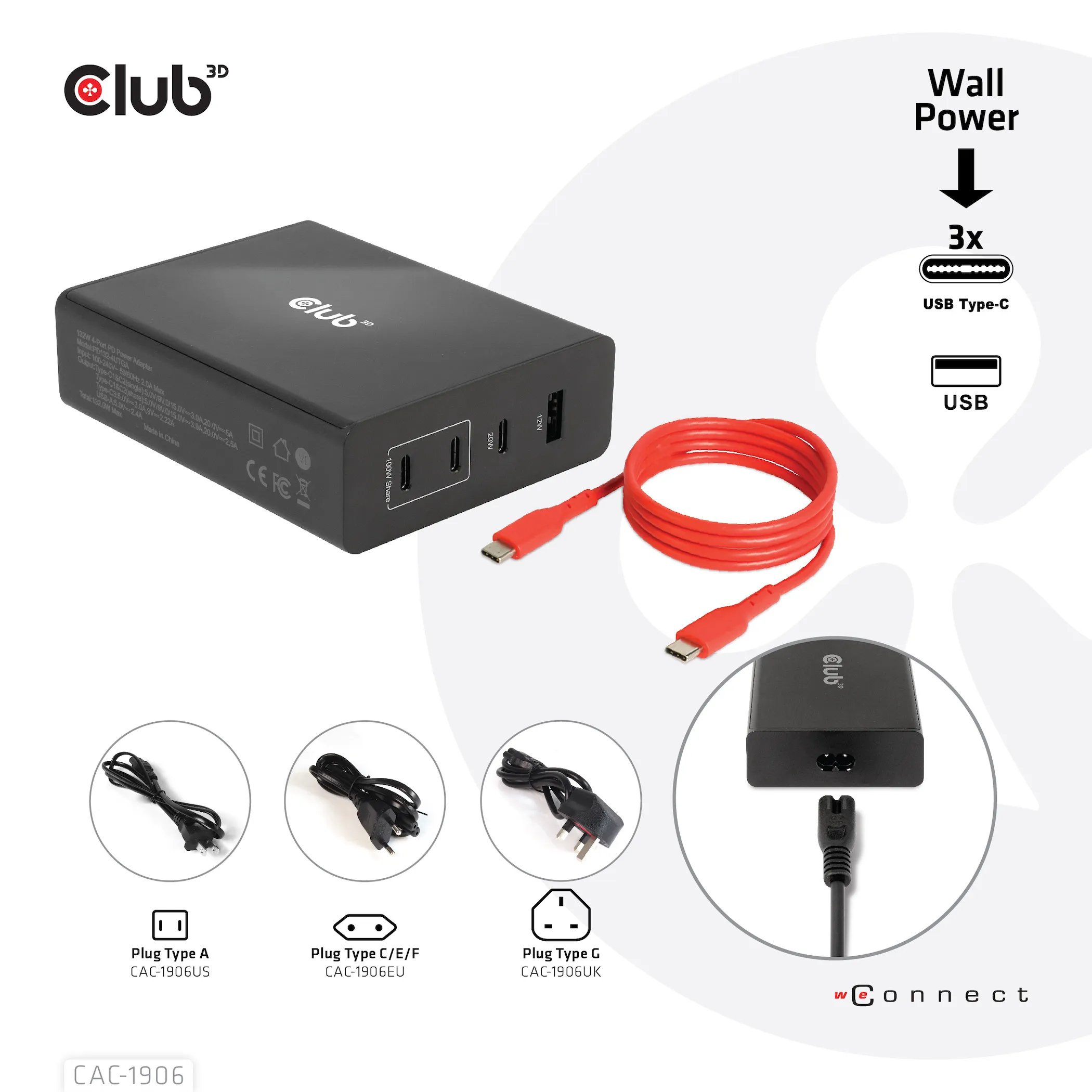 Club 3D 132W GaN, 3x USB-C + USB-A, PD3.0 -laturi, Musta