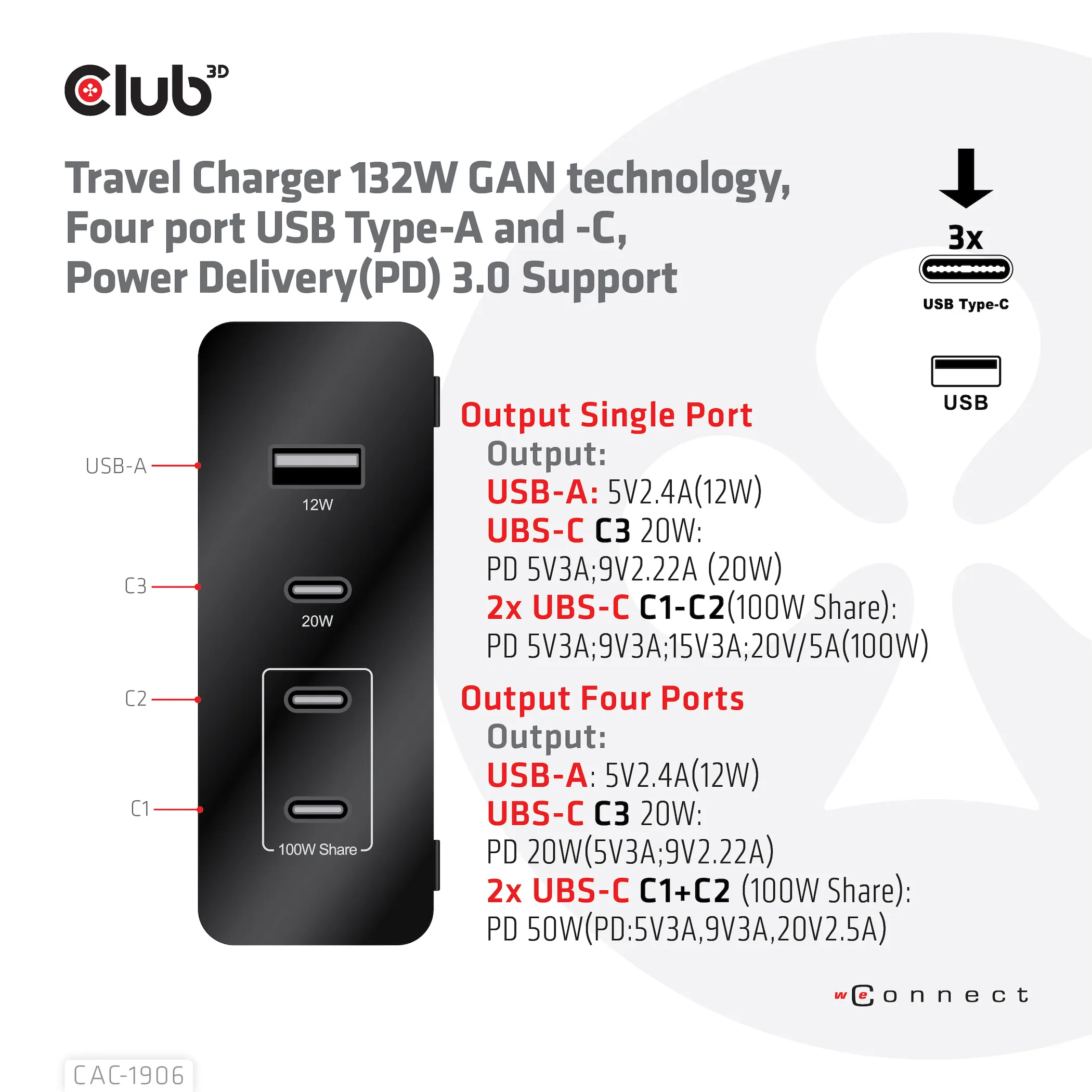 Club 3D 132W GaN, 3x USB-C + USB-A, PD3.0 -laturi, Musta