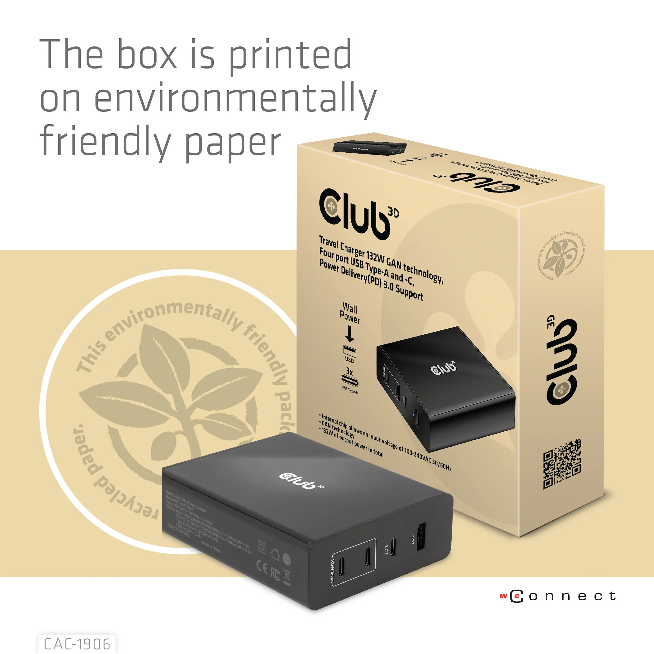 Club 3D 132W GaN, 3x USB-C + USB-A, PD3.0 -laturi, Musta