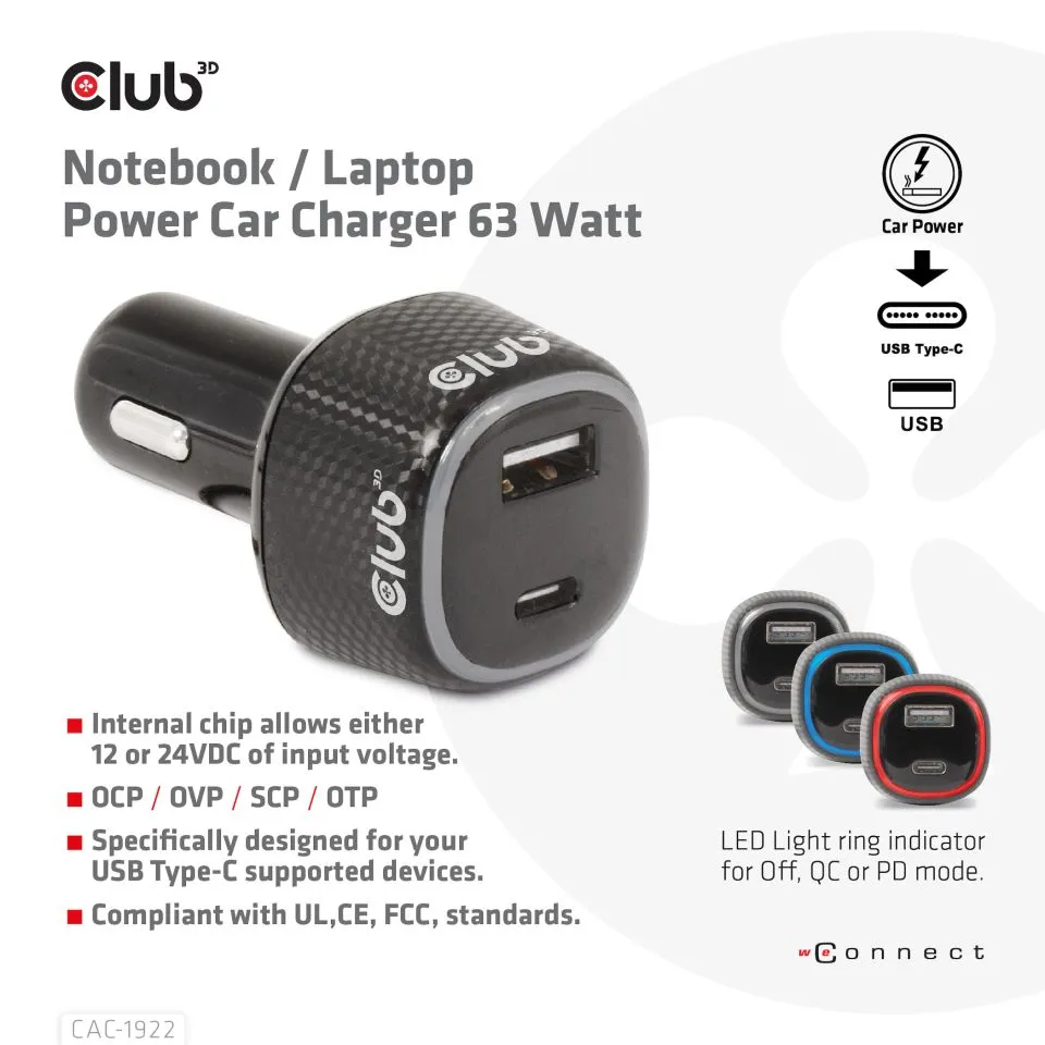 Club 3D 63W 1xUSB-A, 1xUSB-C - billaddare, Svart
