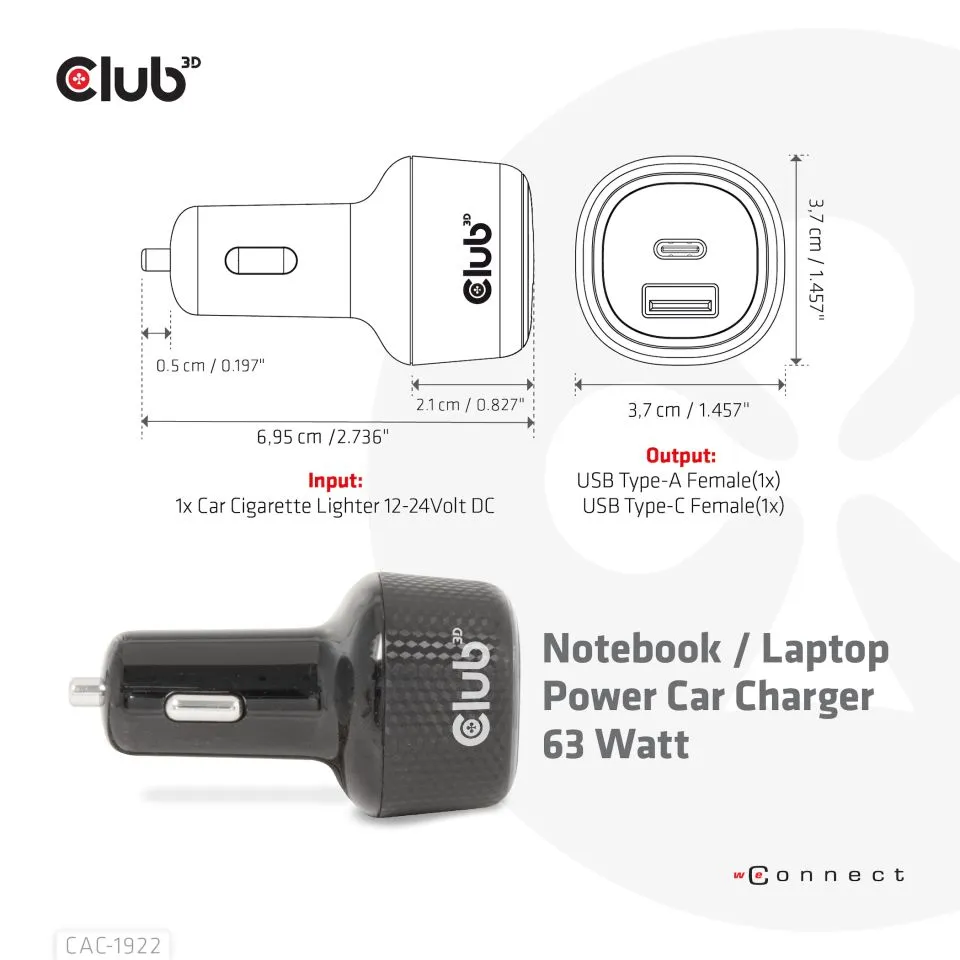 Club 3D 63W 1xUSB-A, 1xUSB-C - billaddare, Svart