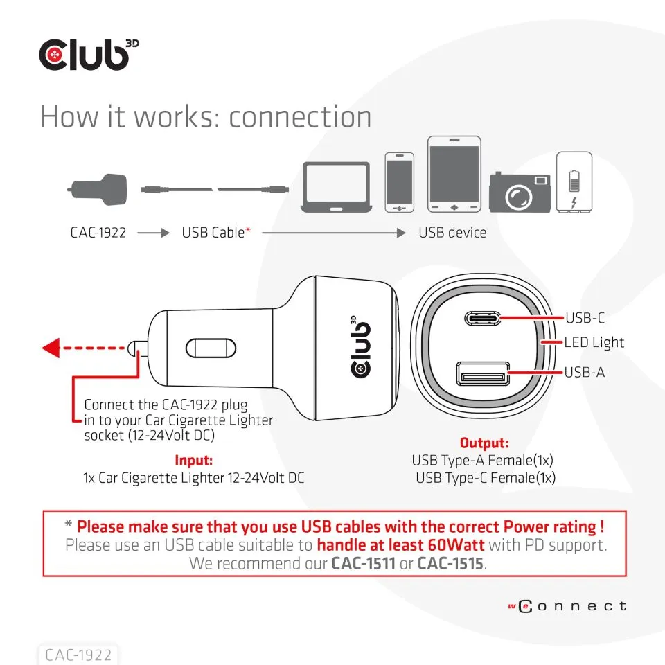 Club 3D 63W 1xUSB-A, 1xUSB-C - billaddare, Svart