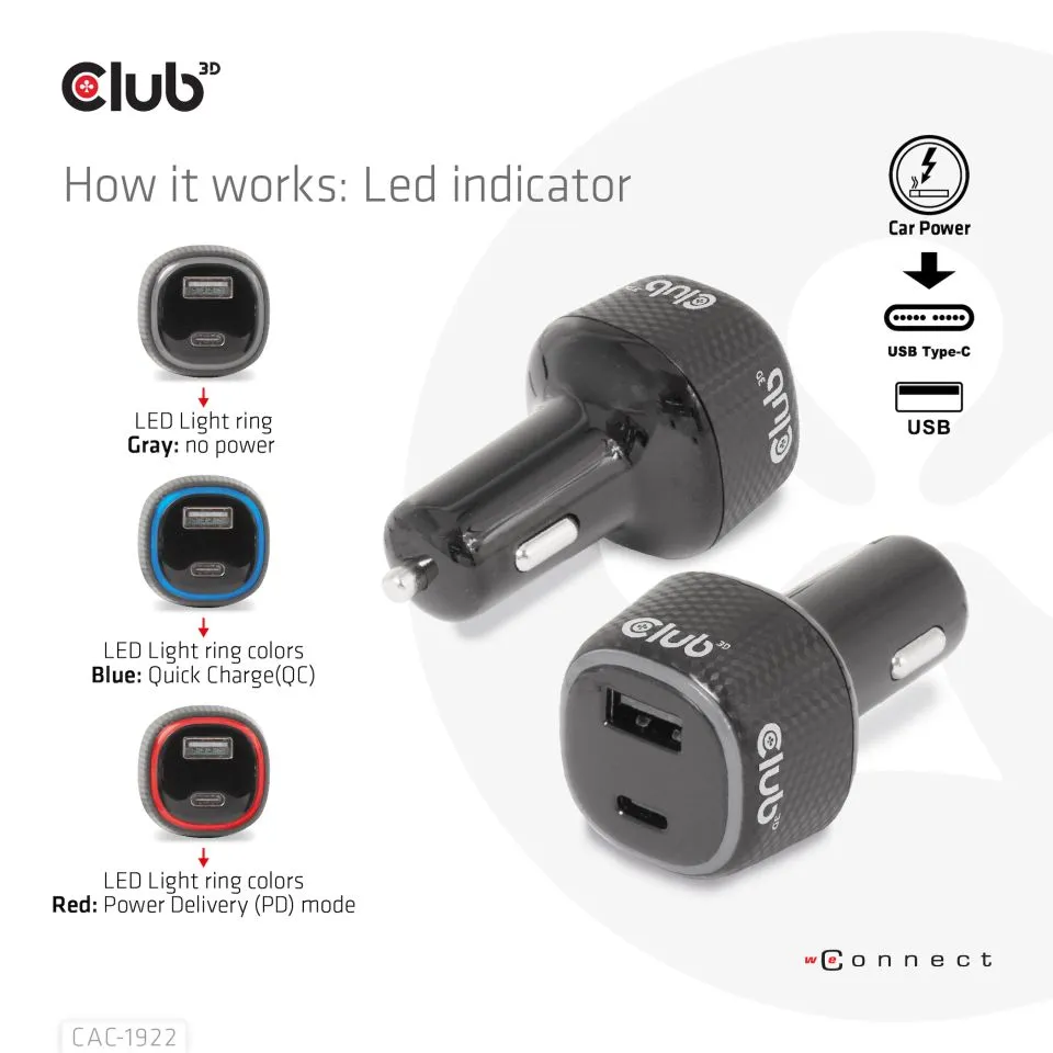 Club 3D 63W 1xUSB-A, 1xUSB-C - billaddare, Svart