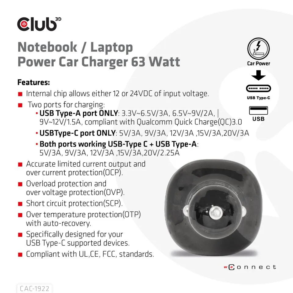 Club 3D 63W 1xUSB-A, 1xUSB-C - billaddare, Svart