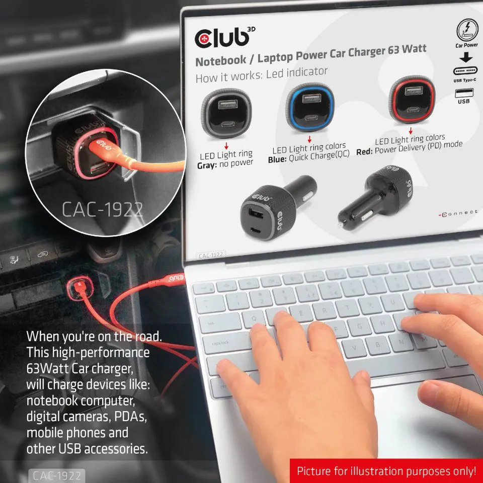 Club 3D 63W 1xUSB-A, 1xUSB-C - billaddare, Svart
